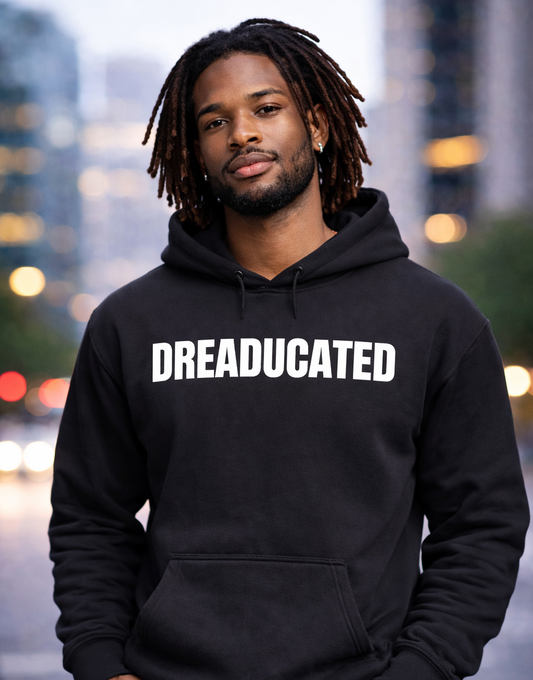 Person wearing a black hoodie with 'DREADUCATED' text against an urban background